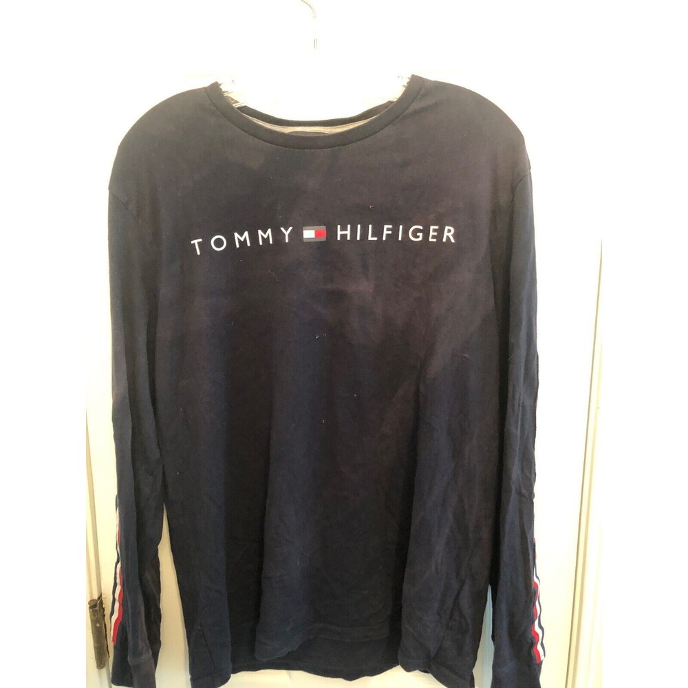 Tommy Hilfiger Men's T-Shirt Crew Neck Long Sleeve Striped Navy Red Gray White L